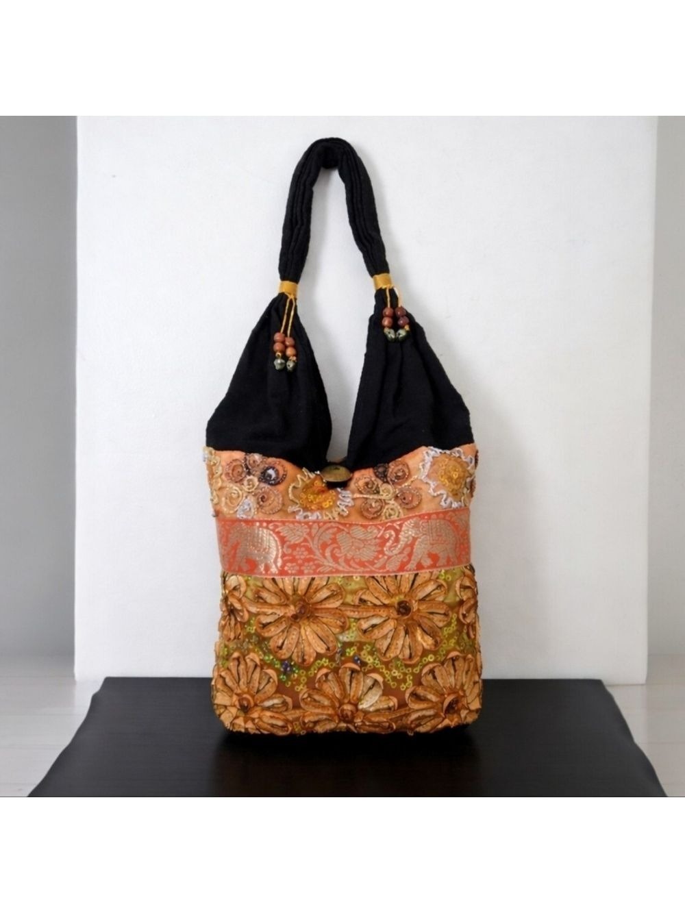 Boho Embroidered Elephant Slouchy Sling Bag Sequin Accents